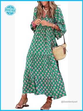 Boho Maxi Dress V-Neck Loose Fit Bohemian Geometric Pattern Summer Casual
